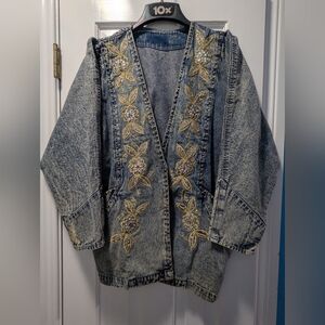 Vintage Blue Jean Jacket with Gold Embroidery